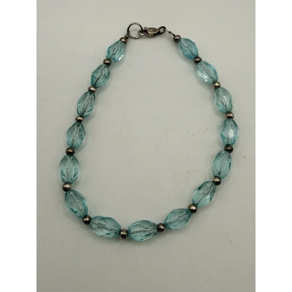 Vintage Sterling Silver Baby Blue Glass Beaded Bracelet 7